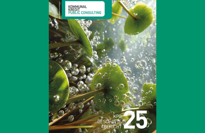 Das Bild zeigt die Nahaufnahme von grünen Seerosenblättern mit Luftblasen im Wasser und dem Logo von Kommunalkredit Public Consulting oben links